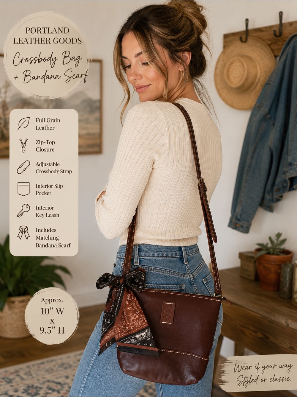 NWOT Portland Leather Goods Brown Full Grain Leather Crossbody + Matching Scarf